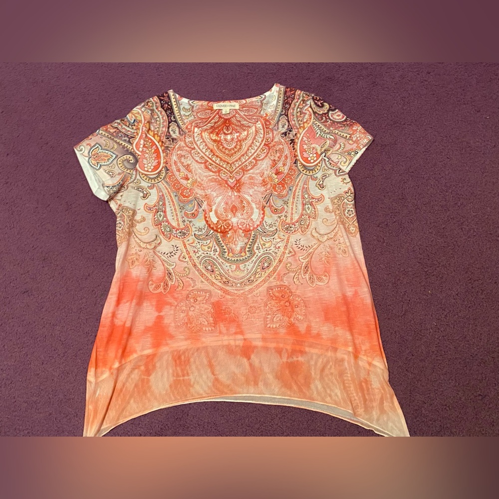 ☀️Clover & Pine Orange and white patterned blouse size Large